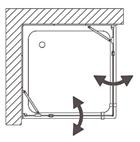 SAMO polaris design, Box doccia a quattro ante. Apertura ad ante battenti con due fisse e due apribili verso l'esterno. Ante ripiegabili con cerniere sollevabili