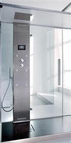 SAMO, Suen, Cabina doccia ad angolo, in acciaio inox, porta a battente verso l'esterno. Cabina con bagno turco