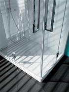 SAMO, Alya, Cabina doccia ad angolo con due ante battenti formata da piatto doccia, pareti in HPL, cappa e pannelli di chiusura laterali in cristallo. Cabina doccia con bagno turco