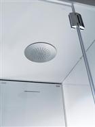 SAMO, Alya, Cabina doccia ad angolo ad un' anta battente formata da piatto doccia, pareti in HPL, cappa e pannelli di chiusura laterali in cristallo. Cabina doccia con bagno turco