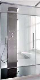 SAMO, Suen, Cabina doccia ad angolo, in acciaio inox, porta a battente verso l'esterno.
