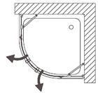 SAMO Polaris design, Box doccia semicircolare a quattro ante. Due ante fisse e due apribili frontali verso l'esterno. Apertura ad ante ripiegabili grazie a cerniere sollevabili e snodate 